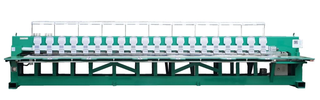 Industrial embroidery machine with multiple heads